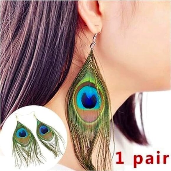 Peacock Feather Hook Dangle Boho Earrings - Picture 5 of 5